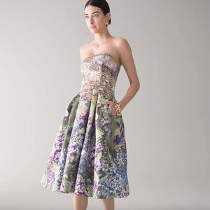 White House Black Market Strapless Watercolor Print Flare Dress Size 8